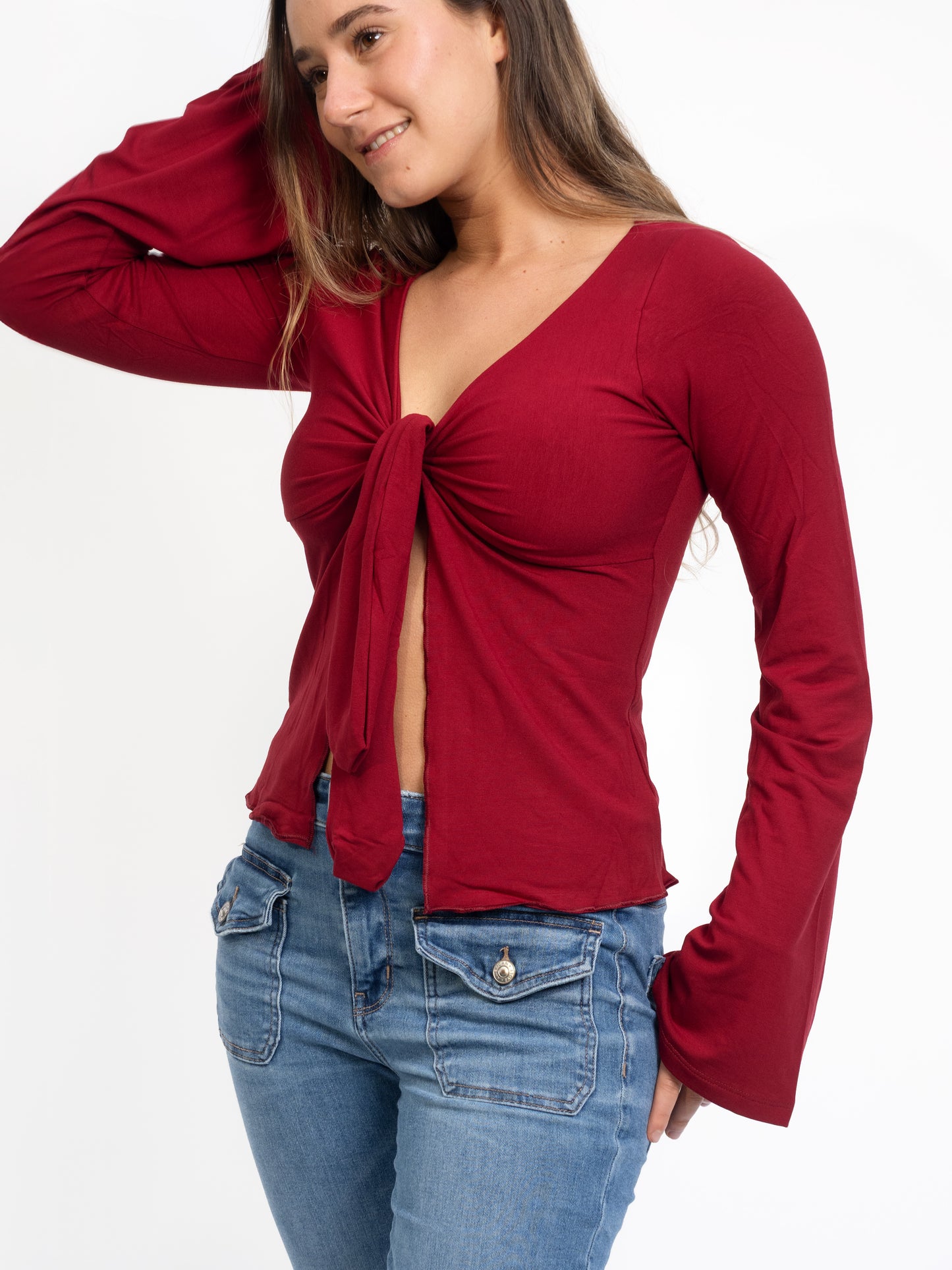 Long Sleeve Tie Top - Dark Red