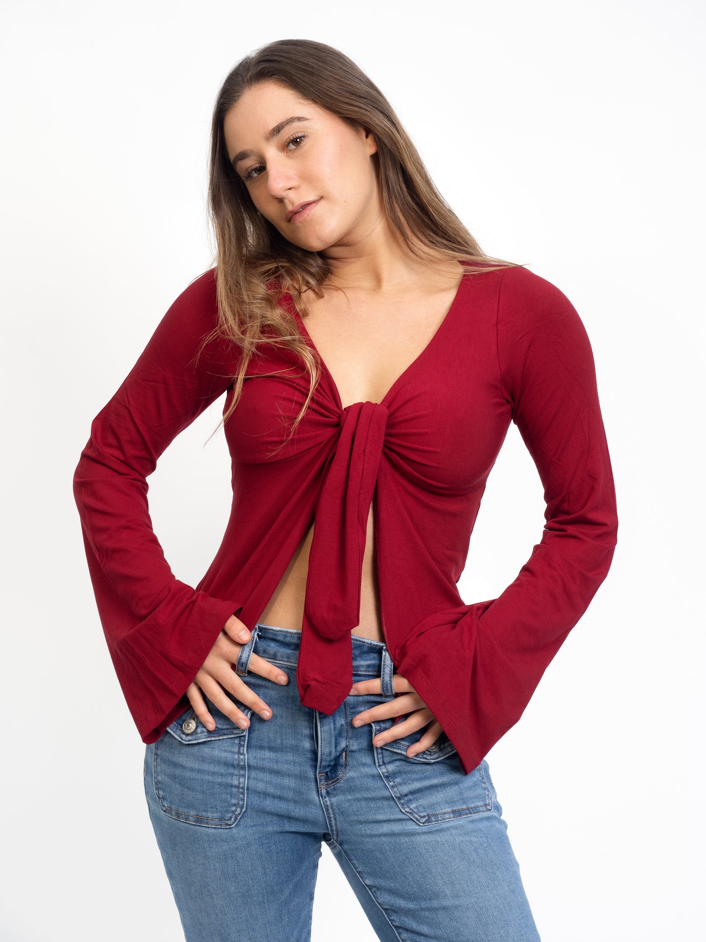 Long Sleeve Tie Top - Dark Red